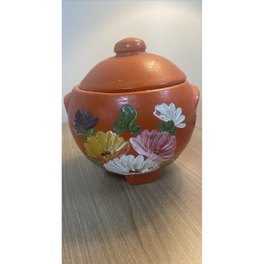 Vintage Ransburg Pottery Footed Lidded Small Grease Cookie Jar Handpainted VTG